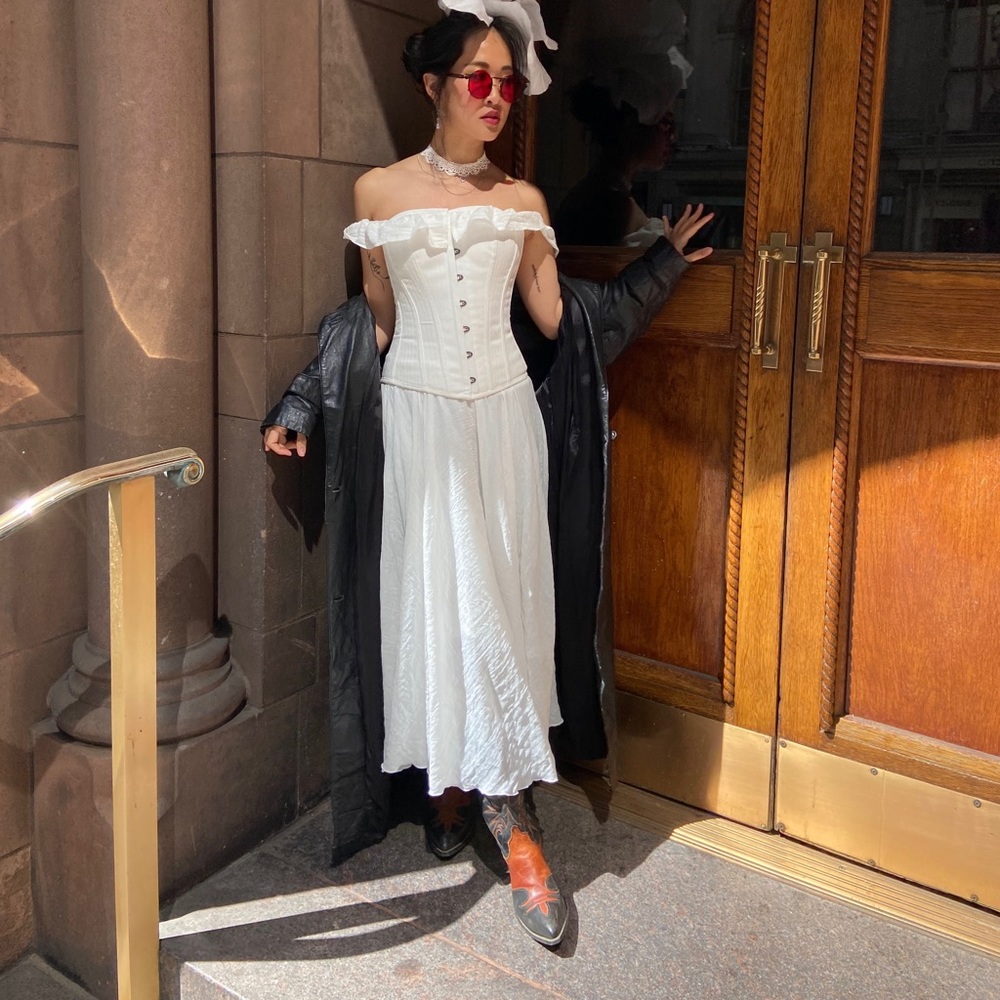 Black vintage leather calf length duster jacket, fits 4-8